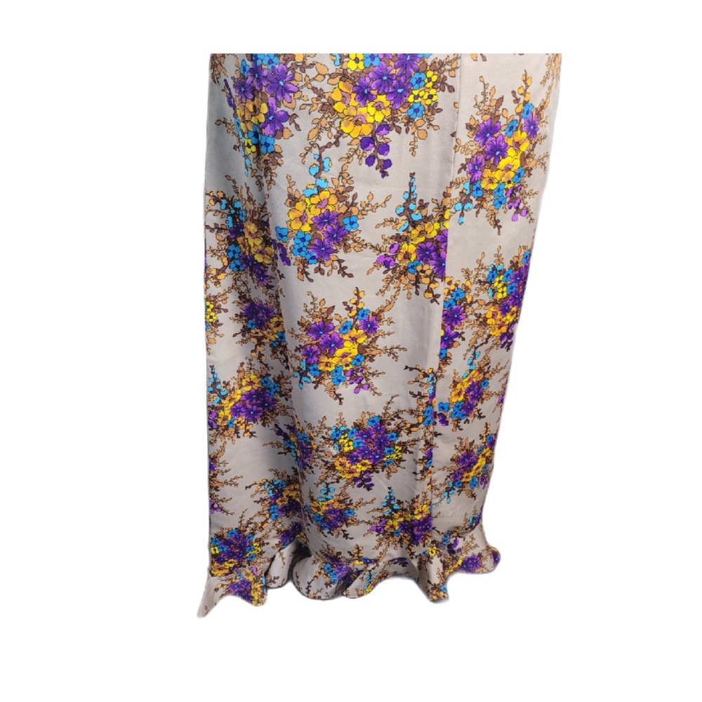Vintage 60s 70s Handmade Maxi Dress Beige Floral Ruffles Purple‎ Yellow S - Picture 3 of 13